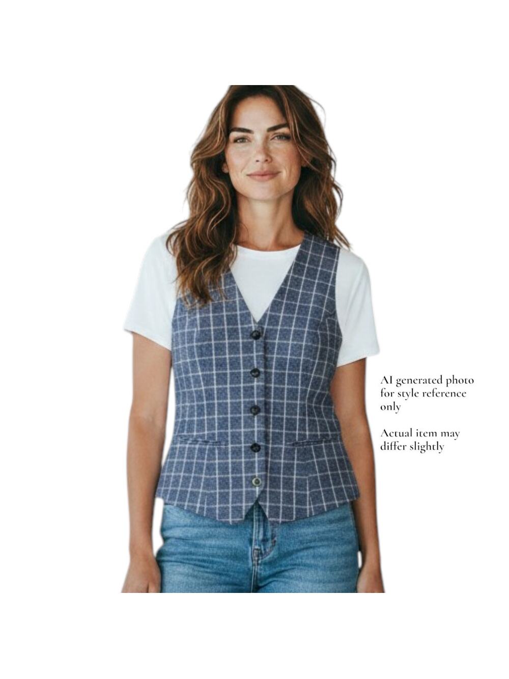 Vintage Kancy Kole Blue White Windowpane Check Plaid 6 Button Vest Women Size XL